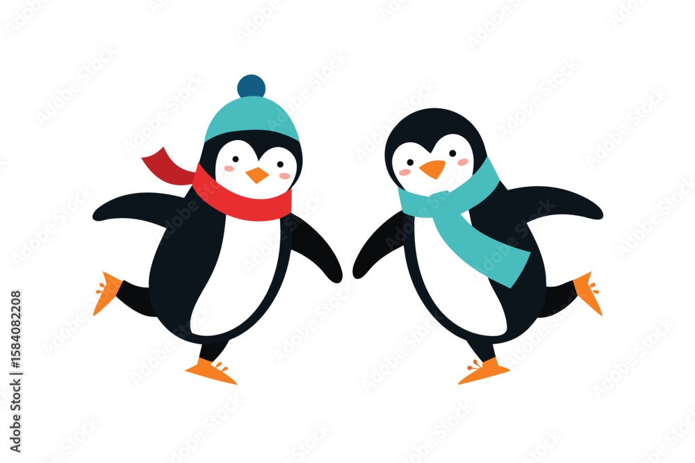 Fototapeta premium Two Penguins Ice Skating Together Cheerful Cartoon