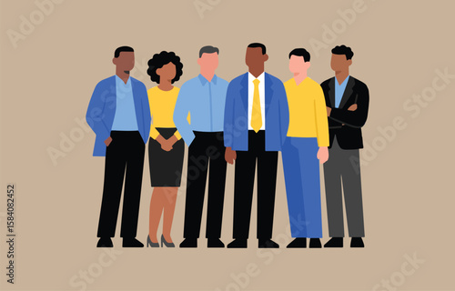 Diverse group of business professionals standing together in casual and formal attire