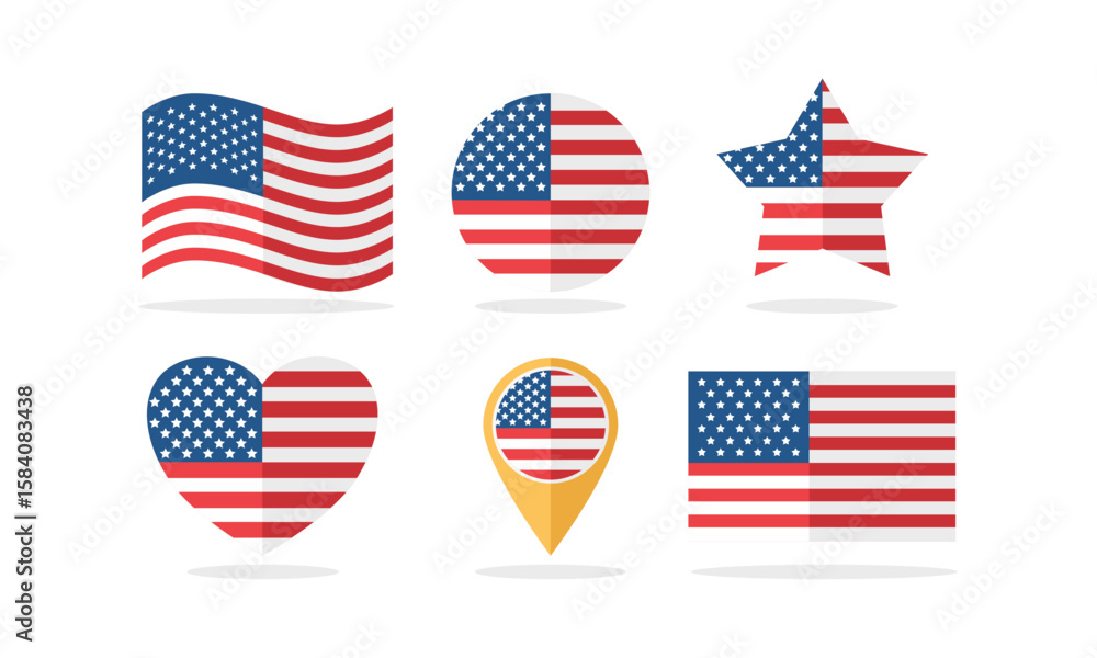 Obraz premium US Flag Vector - Flat Icon Set with 6 Shapes (Rectangle, Circle, Waving, Map Pin, Heart, Star)