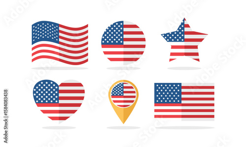 US Flag Vector - Flat Icon Set with 6 Shapes (Rectangle, Circle, Waving, Map Pin, Heart, Star)