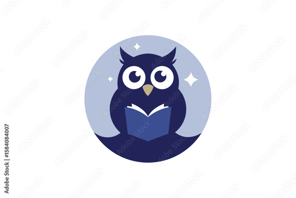 Fototapeta premium Owl Reading A Book Under Moonlight On White