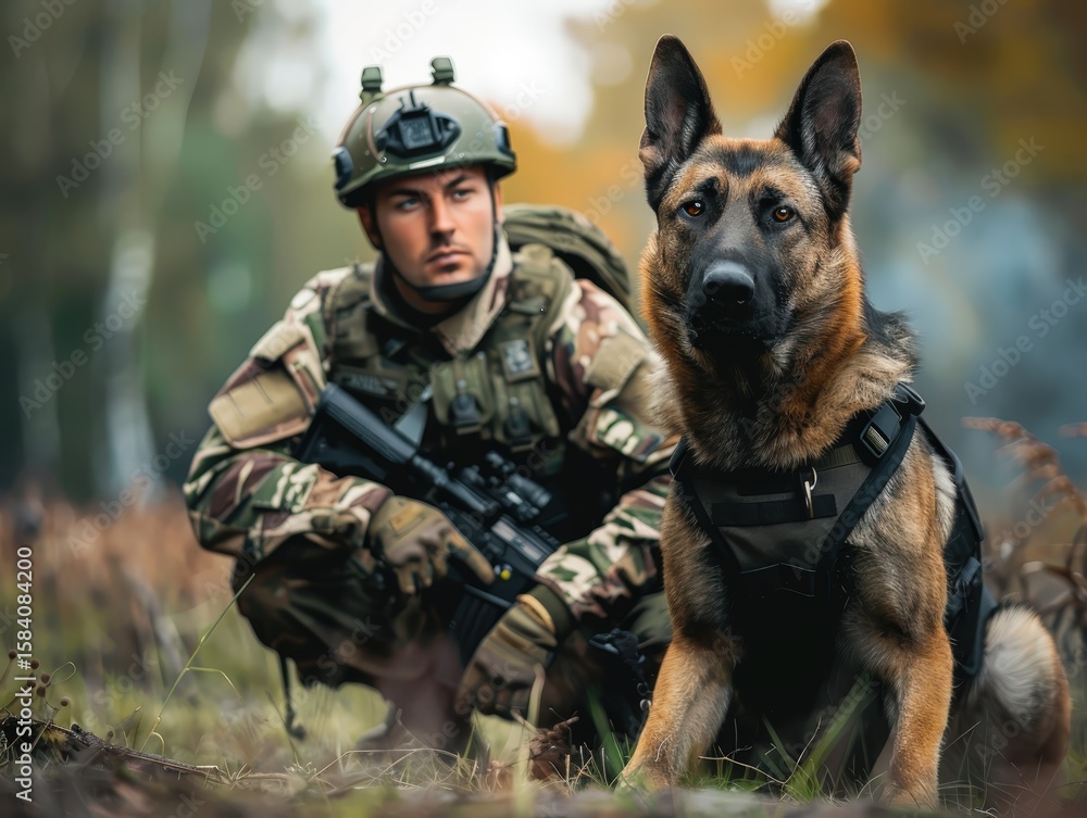 Fototapeta premium An alert and happy German Shepherd in a tactical vest sits ready for duty in a sunny field, with its uniformed handler standing guard in the background, showcasing a powerful K9 team