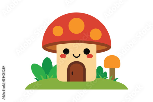 Little Mushroom House With Windows Smiling Face