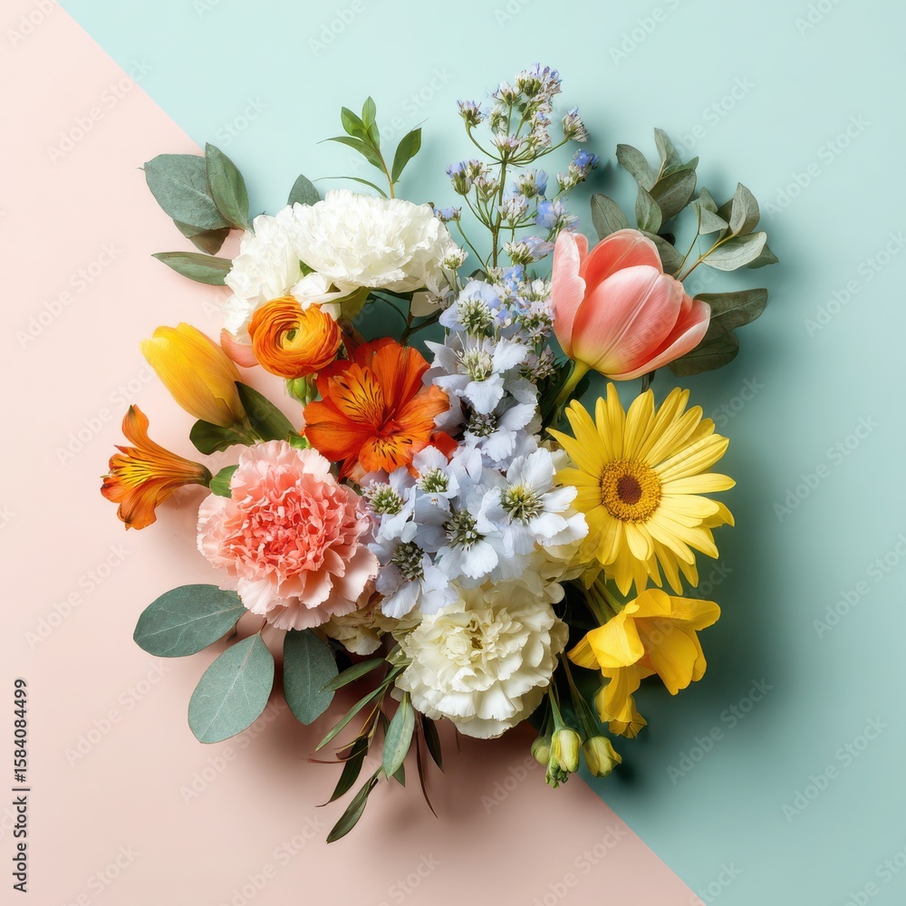 Obraz premium Floral Bouquet on Pink and Blue Background