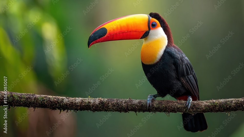 Naklejka premium Toco Toucan Perched on Branch Showcasing Vibrant Beak Against a Blurred Natural Background