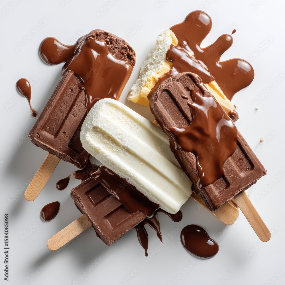 Obraz premium Four Popsicles with Chocolate Drizzle on White Surface