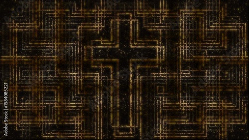 Golden lights backdrop set, abstract lines in the shape of a cross, 8 -second seamless loop video animation, flashing light bulb, wall of lights motion graphics.