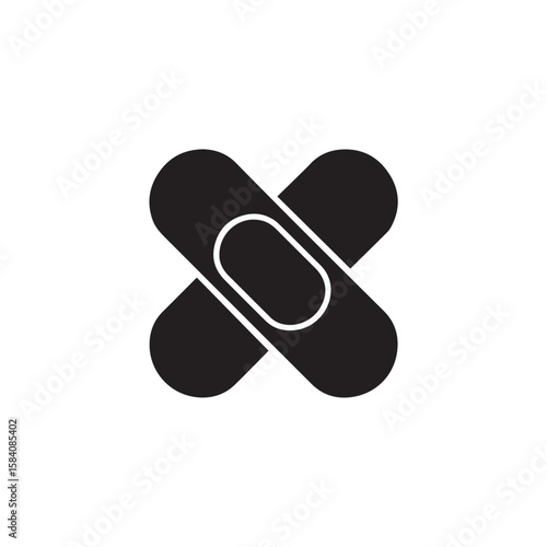 Two black medical bandages crossed over each other in a symbolic representation of healing and first aid for injuries