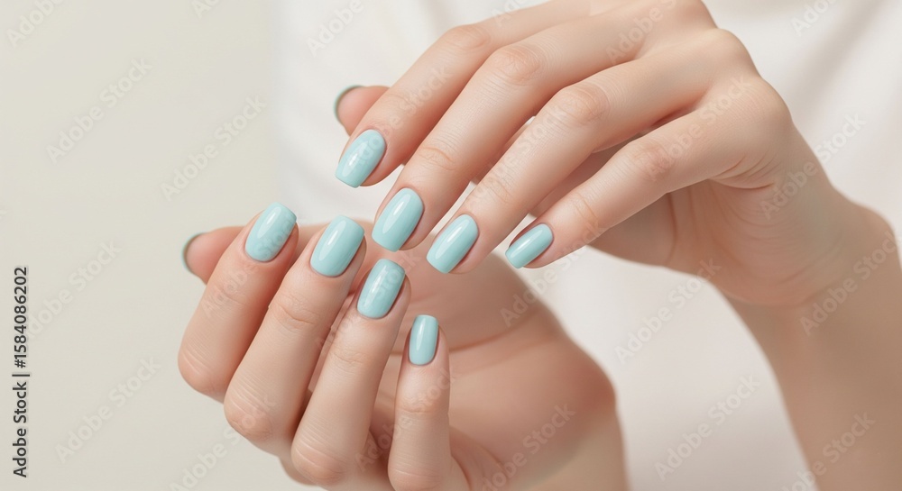 Fototapeta premium light blue nail polish on woman's hands