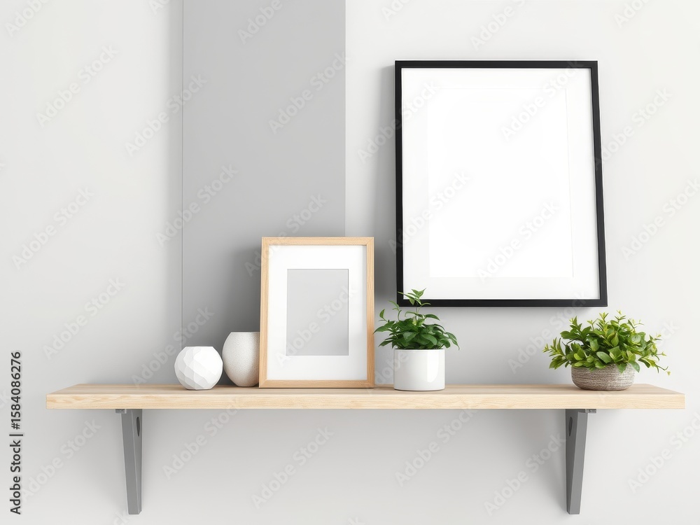 Obraz premium Shelf with picture frames vases and plants against a white and gray wall in a minimalist style room