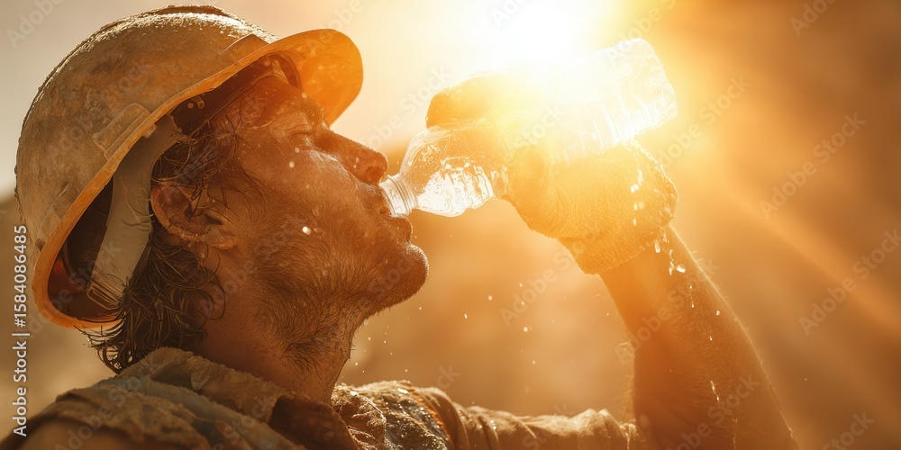 Fototapeta premium Construction Worker Cooling Off in Extreme Heat with Water Bottle. Labor Day Concept