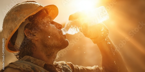 Construction Worker Cooling Off in Extreme Heat with Water Bottle. Labor Day Concept