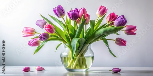 A vibrant bouquet of pink and purple tulips arranged in a clear glass vase, sitting elegantly on a simple white surface.
