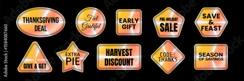 Set of holographic stickers. Thanksgiving day and early holiday sales.  Glossy holographic seasonal labels festive foil warm gradients tags discounts. Vector illustration for autumn food brands
