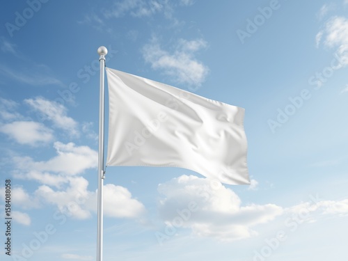 A white flag waving gently against a backdrop of a bright blue sky dotted with fluffy white clouds