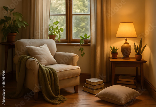 Cozy Reading Nook with Soft Armchair and Window Light