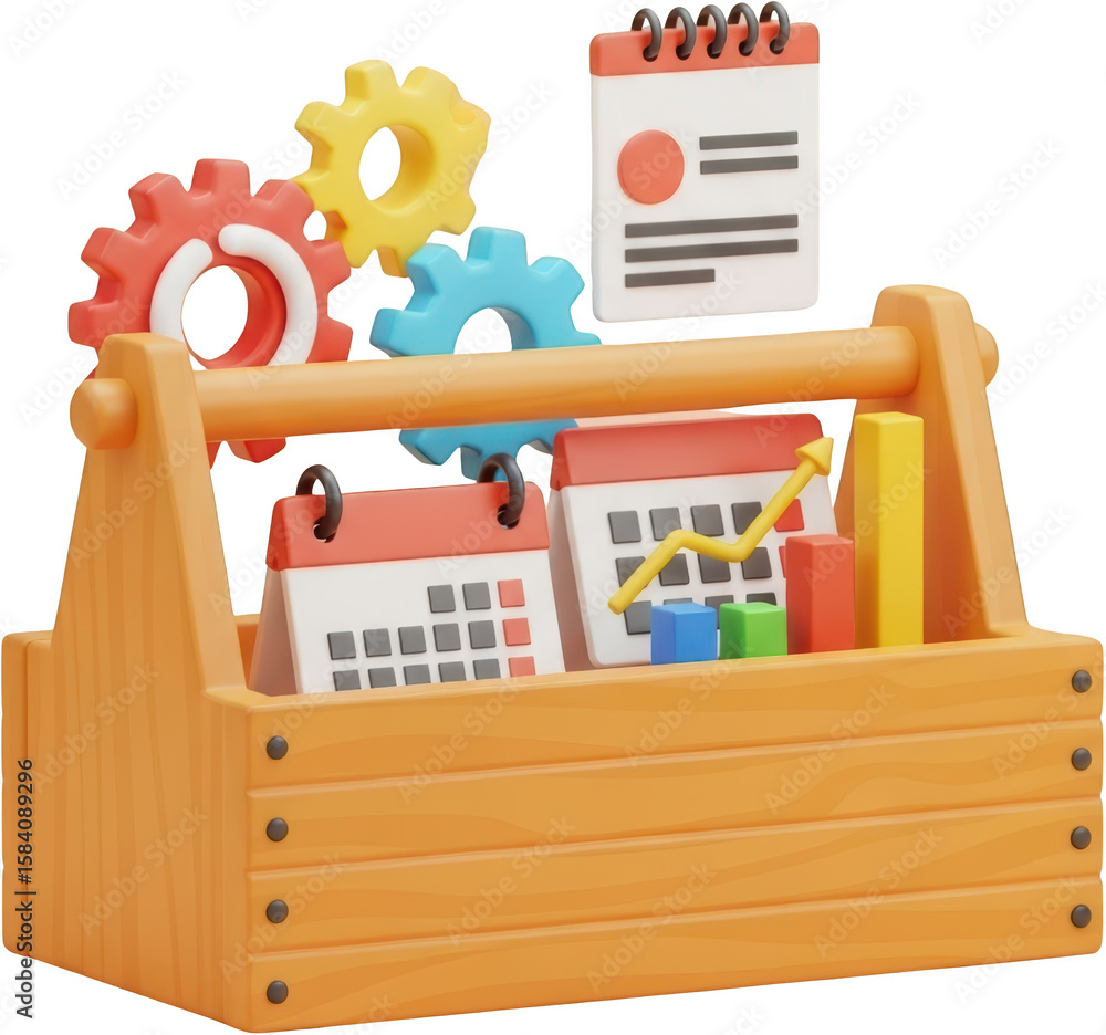 Obraz premium A wooden toolbox filled with gears calendars and a growing bar chart growth transparent background