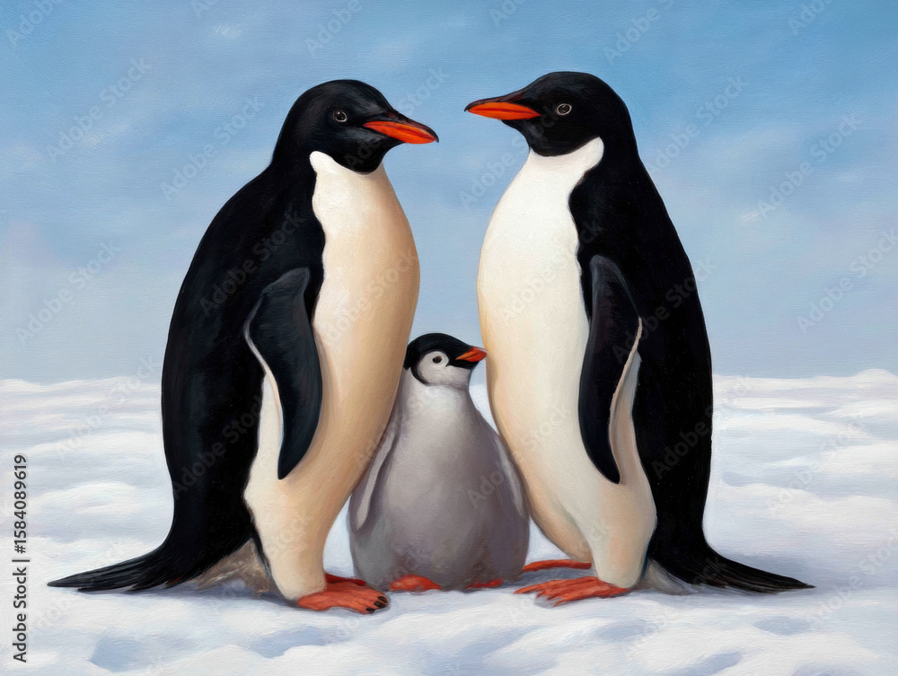 Fototapeta premium Two adult penguins and a chick stand on snow under a blue sky, showcasing a family scene in a cold environment.