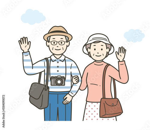 仲の良い老夫婦が旅行先で楽しんでいる上半身イラスト
