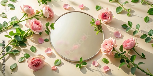 Pastel Pink Roses and Round Mirror on Beige Background A Beautiful Floral Arrangement for Spring or Summer