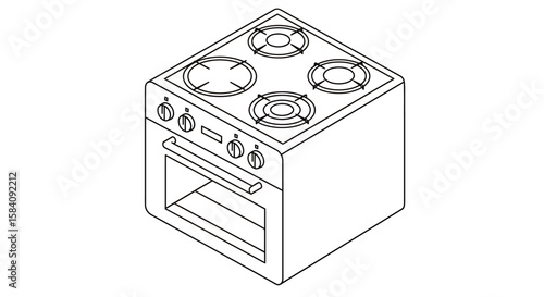 Isometric Line Art Illustration of a Kitchen Stove with Four Burners