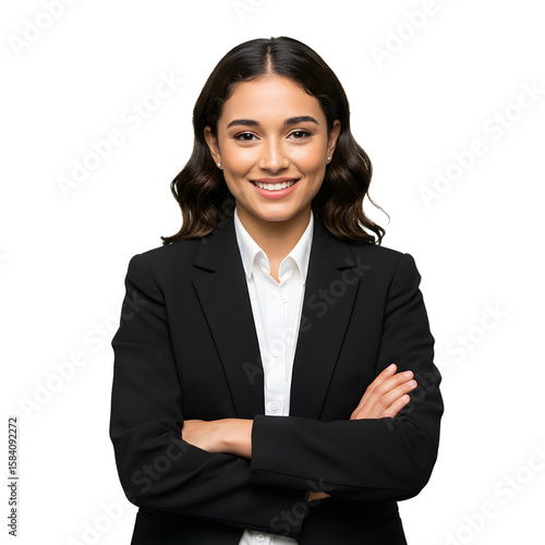 Portrait of a confident young professional businesswoman in a black suit with arms crossed, smiling at the camera. Successful female entrepreneur isolated on a white background.