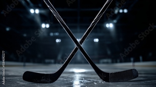 Two crossed hockey sticks in close-up, symbolizing intense competitive rivalry and teamwork in sports, with dynamic energy and focus on the game.