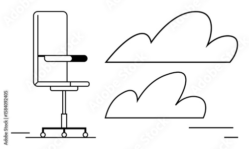 Office chair with clouds symbolizing remote work, balance, relaxation, freedom, productivity, modern lifestyle, flexibility. Ideal for career, office design creativity remote work simple landing