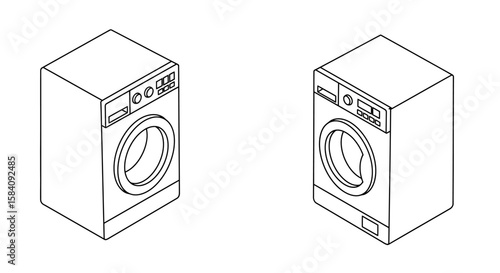 Two Isometric Washing Machines with Circular Doors and Control Panels