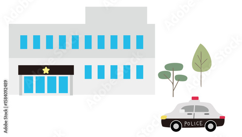 シンプルな警察署とパトカーのイラスト素材セット