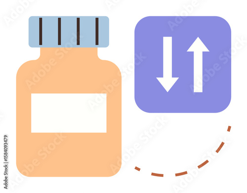 Prescription bottle with blank label and two arrows suggesting dosage increase or decrease. Ideal for pharmacy, health care, instructions, medication management, patient communication, treatment
