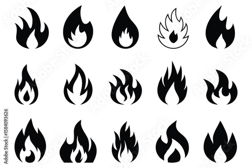 Fire Flame Icon Set – Vector Collection of Blazes, Explosions, and Campfire Symbols Isolated on White