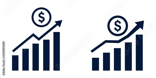 Sales Growth and Revenue Chart Icon Set – Dollar Profit, Stock Market, and Investment Vector