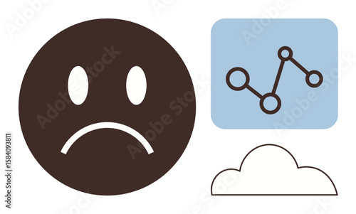 Brown sad face, blue chart with downward trend, and cloud. Ideal for data loss, failure, challenges, disappointment, mental health stress analytics. A simple flat metaphor
