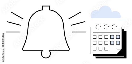 Bell with ringing lines, calendar with marked dates, and a cloud. Ideal for notifications, alerts, deadlines, scheduling, organization communication reminders. Simple flat metaphor