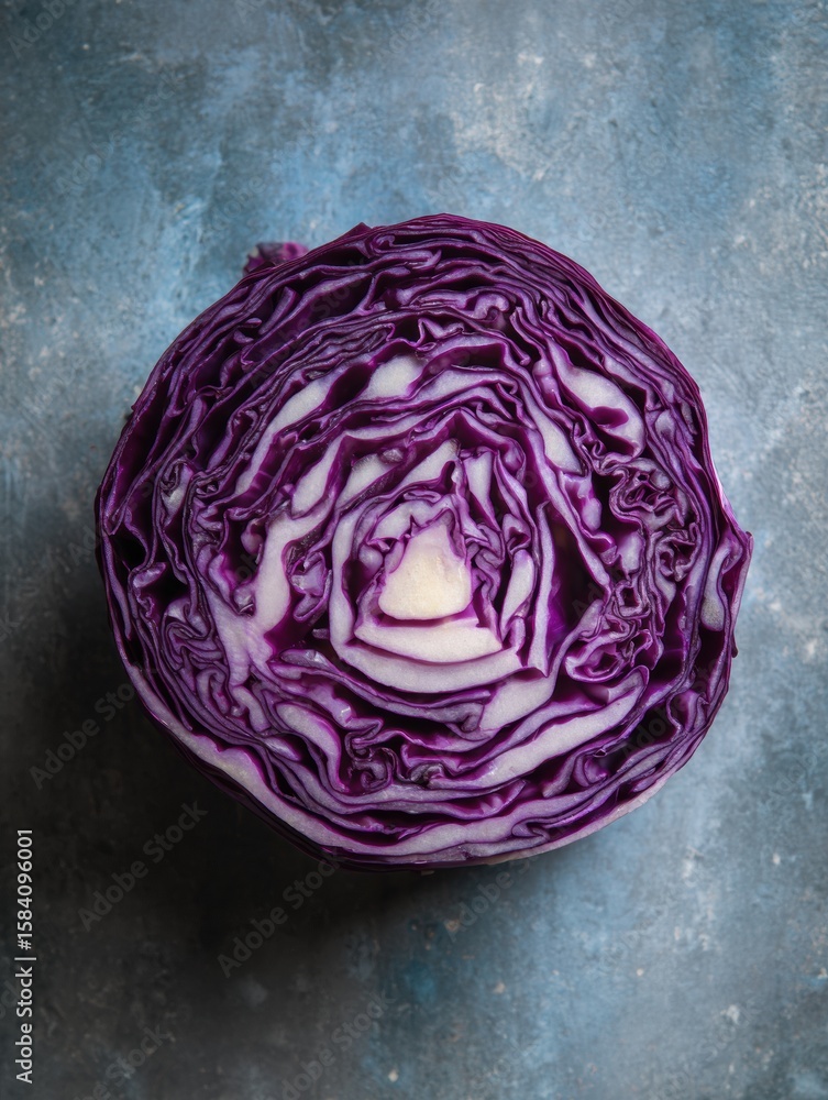 Obraz premium Sliced Red Cabbage Forming a Natural Mandala Pattern on a Textured Surface With Open Top View