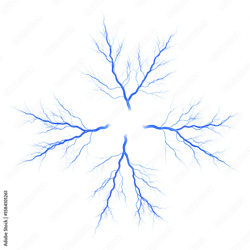 Fototapeta premium Abstract blue fractal pattern resembling branching lightning bolts or veins, radiating outwards from a central point.