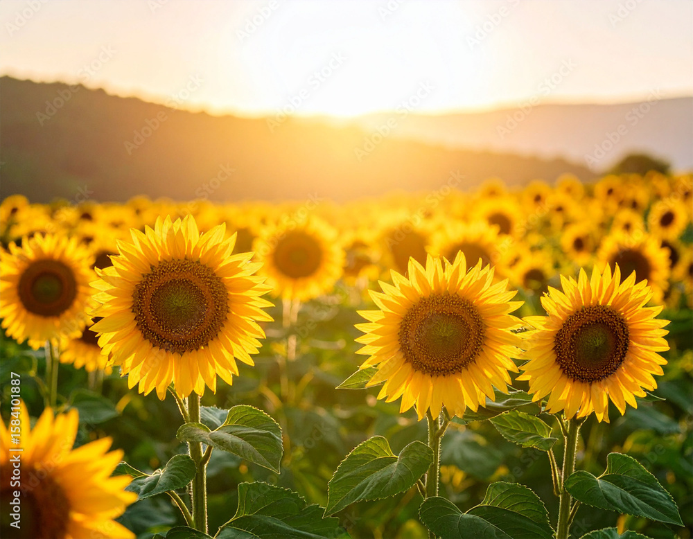 Fototapeta premium Dreamy Sunflower Field Glowing in the Golden Hour Light