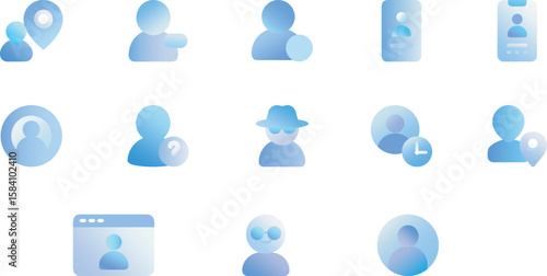 User Profile, Anonymous Mode, App Interface, Location Access, Contact Info – Blue Gradient Vector Icon Set for UI/UX Design