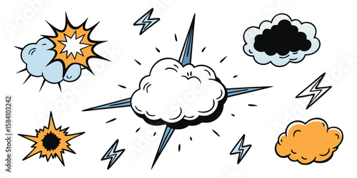 Comic style explosions and lightning bolts thunder