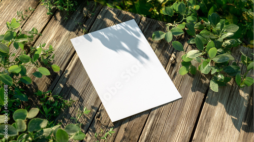 木製テーブルの上に置かれた白紙のチラシフライヤーのモックアップと緑の葉を描いたAI生成画像