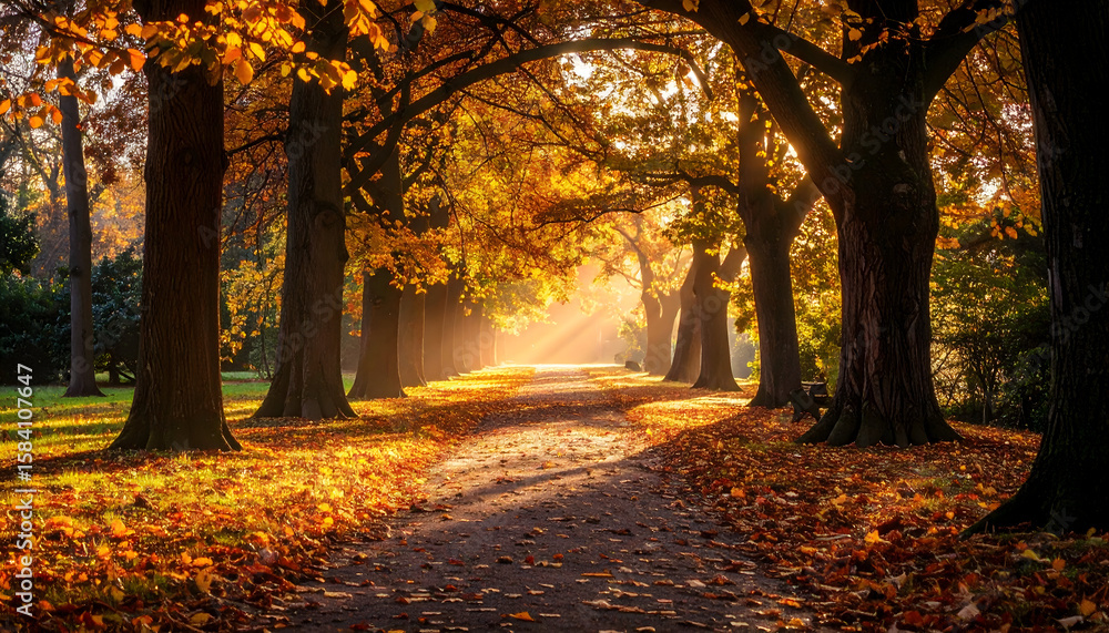 Fototapeta premium Autumn Sunlight Path Through Golden Trees