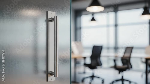 Office door with handle opening into a modern conference room