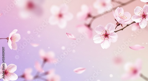 Delicate Pink Cherry Blossom Flowers and Petals Falling on a Soft Pastel Gradient Background for Springtime
