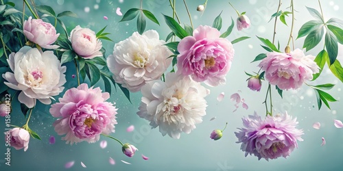 A Delicate Dance of Pink and White Peonies with Falling Petals Against a Soft Teal Background