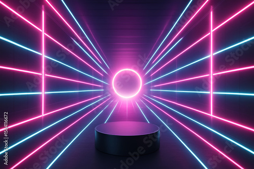 Modern Neon Tunnel Scene Featuring Central Dark Platform and Radiant Light Effects in a Symmetrical Composition for Product Display or Mockup