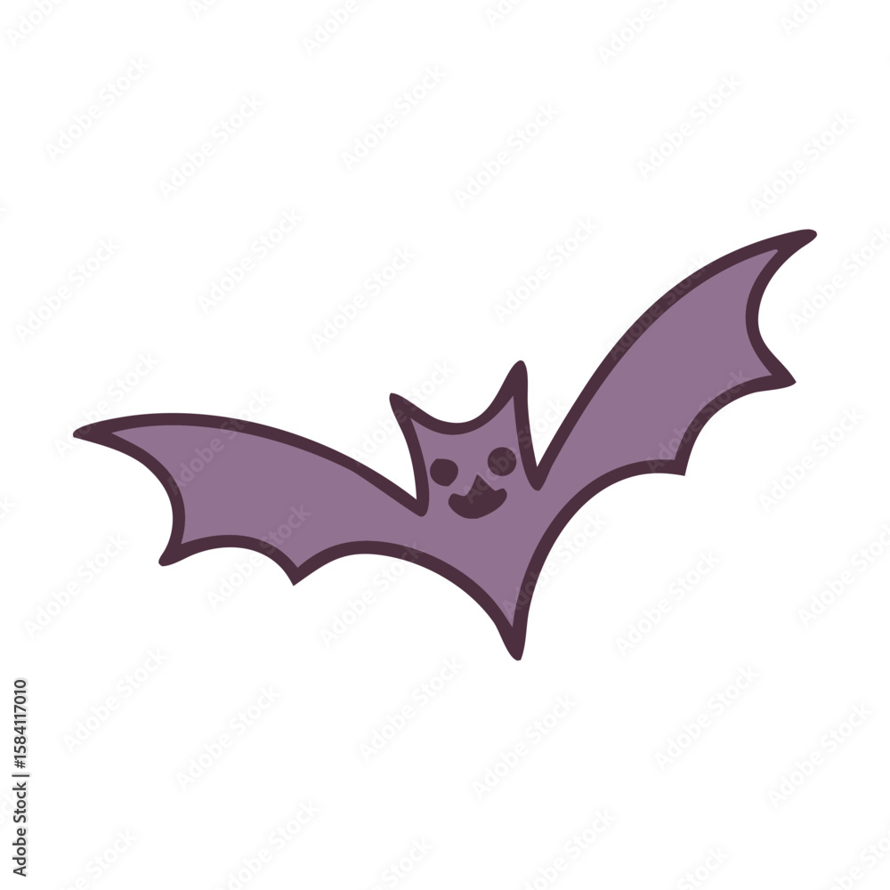 Obraz premium Cute purple bat with a happy face flying against a black background