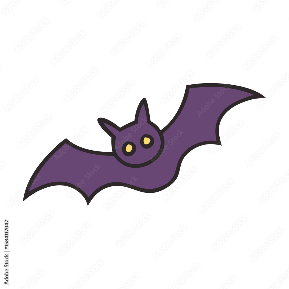Fototapeta premium Cute cartoon purple bat with yellow eyes flying against a black background