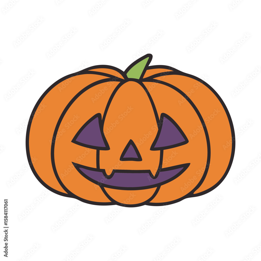 Fototapeta premium A simple cartoon jack o lantern with a friendly spooky face and green stem