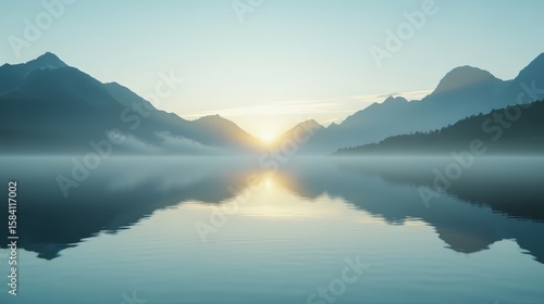 Reflections on the surface of a tranquil lake at sunrise